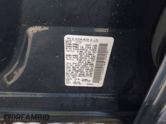 2012 Nissan Murano S with VIN JN8AZ1MW2CW221135, listed as a IAAI auction lot 42000463 with 145,073 mi miles and . Bid and sale history available at DreamBid. Image 9.