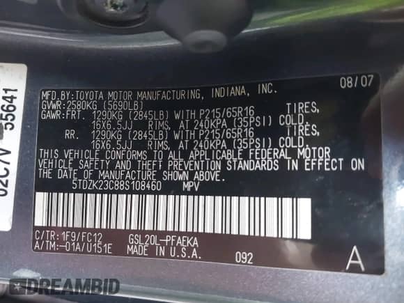 2008 Toyota Sienna CE с VIN 5TDZK23C88S108460, выставлен на аукционе IAAI как лот 43068753 с пробегом 112 557 миль миль и . История ставок и продаж доступна на DreamBid. Изображение 9.