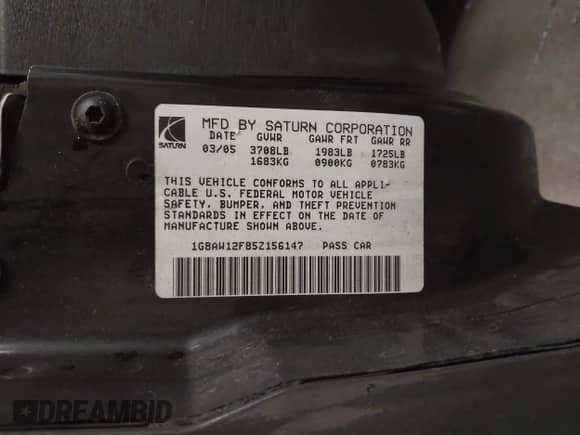 2005 Saturn ION ION 3 с VIN 1G8AW12F85Z156147, выставлен на аукционе IAAI как лот 43033231 с пробегом 176 077 миль миль и . История ставок и продаж доступна на DreamBid. Изображение 9.