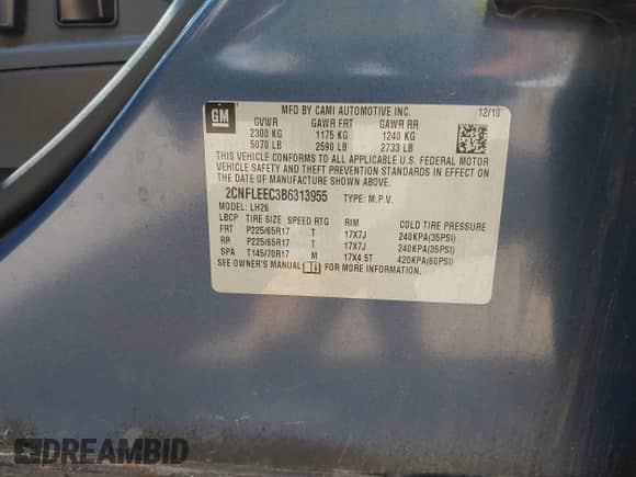 2011 Chevrolet Equinox 1LT with VIN 2CNFLEEC3B6313955, listed as a IAAI auction lot 42898376 with 100,912 mi miles and . Bid and sale history available at DreamBid. Image 9.