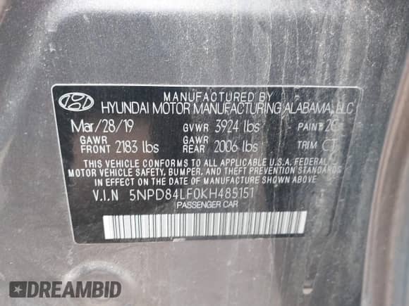 2019 Hyundai Elantra SEL with VIN 5NPD84LF0KH485151, listed as a IAAI auction lot 42407203 with 101,935 mi miles and . Bid and sale history available at DreamBid. Image 9.