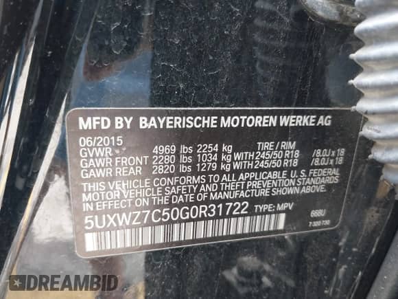 2016 BMW X3 sDrive28i with VIN 5UXWZ7C50G0R31722, listed as a IAAI auction lot 42269003 with 100,663 mi miles and . Bid and sale history available at DreamBid. Image 9.