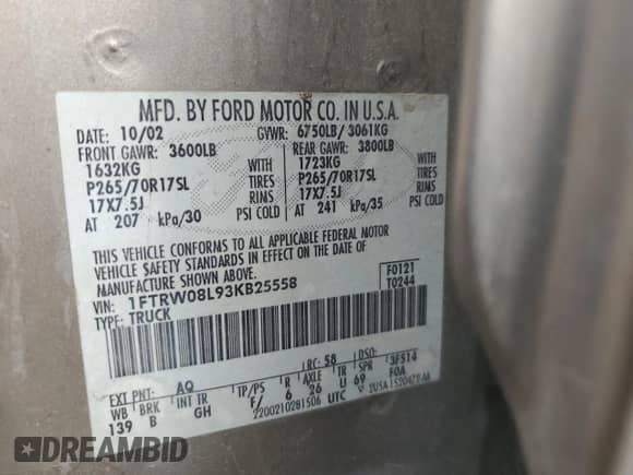 2003 Ford F-150 XLT with VIN 1FTRW08L93KB25558, listed as a Copart auction lot 81910345 with 169,885 mi miles and Salvage title. Bid and sale history available at DreamBid. Image 12.