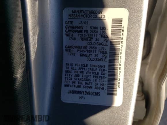 2003 Nissan Pathfinder LE with VIN JN8DR09Y43W800385, listed as a Copart auction lot 41414575 with 238,777 mi miles and Salvage title. Bid and sale history available at DreamBid. Image 12.