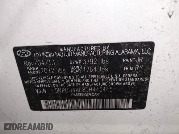2013 Hyundai Elantra GLS with VIN 5NPDH4AE8DH445445, listed as a IAAI auction lot 43118182 with 124,107 mi miles and . Bid and sale history available at DreamBid. Image 9.