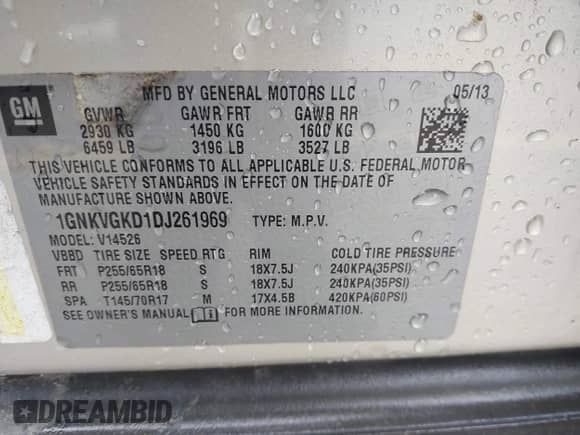 2013 Chevrolet Traverse LT z VIN 1GNKVGKD1DJ261969, wystawiony jako IAAI lot #42900760 z przebiegiem 171 338 mil mil oraz . Historia ofert i sprzedaży dostępna na DreamBid. Obrazek 9.