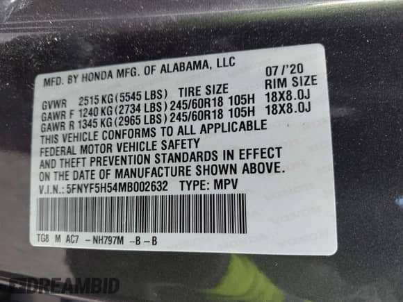 2021 Honda Pilot EX-L z VIN 5FNYF5H54MB002632, wystawiony jako IAAI lot #42596858 z przebiegiem 54 880 mil mil oraz . Historia ofert i sprzedaży dostępna na DreamBid. Obrazek 9.