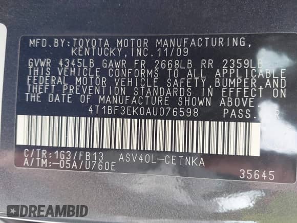 2010 Toyota Camry with VIN 4T1BF3EK0AU076598, listed as a IAAI auction lot 43381562 with 257,632 mi miles and . Bid and sale history available at DreamBid. Image 9.
