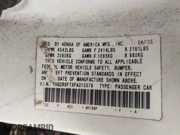 2015 Honda Accord Touring z VIN 1HGCR6F7XFA010579, wystawiony jako IAAI lot #42396406 z przebiegiem 219 560 mil mil oraz . Historia ofert i sprzedaży dostępna na DreamBid. Obrazek 9.