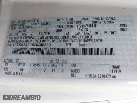 2009 Ford Econoline Cargo Commercial with VIN 1FTSS34L19DA40330, listed as a IAAI auction lot 42848490 with 438,548 mi miles and . Bid and sale history available at DreamBid. Image 9.