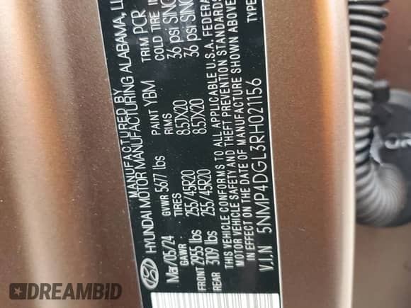 2024 Hyundai Santa Fe Limited with VIN 5NMP4DGL3RH021156, listed as a Copart auction lot 64558455 with Not provided miles and Salvage title. Bid and sale history available at DreamBid. Image 13.