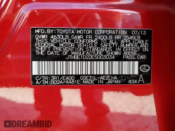 2014 Lexus IS 350 with VIN JTHBE1D22E5003034, listed as a Copart auction lot 87181855 with 141,161 mi miles and Salvage title. Bid and sale history available at DreamBid. Image 12.