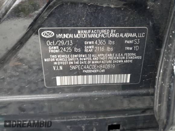 2014 Hyundai Sonata SE with VIN 5NPEC4AC0EH840819, listed as a Copart auction lot 90505145 with 67,952 mi miles and Clean title. Bid and sale history available at DreamBid. Image 12.