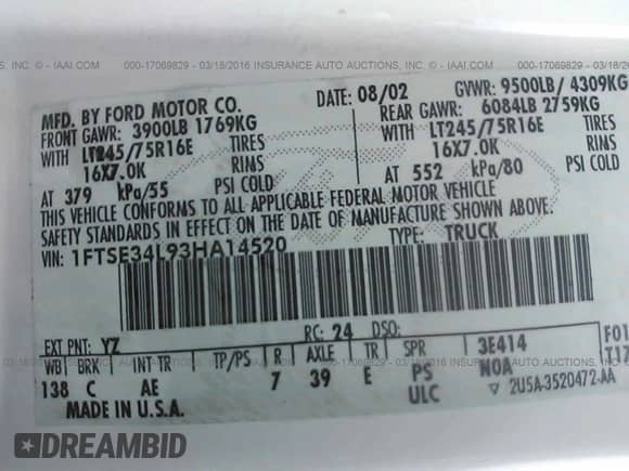 2003 Ford Econoline Cargo z VIN 1FTSE34L93HA14520, wystawiony jako IAAI lot #17069829 z przebiegiem 177 477 mil mil oraz . Historia ofert i sprzedaży dostępna na DreamBid. Obrazek 9.