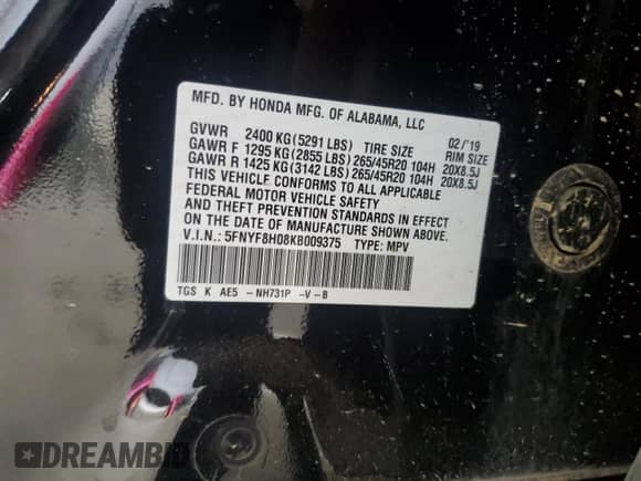 2019 Honda Passport Elite с VIN 5FNYF8H08KB009375, выставлен на аукционе Copart как лот 63916565 с пробегом 122 013 миль миль и Списание • Salvage title. История ставок и продаж доступна на DreamBid. Изображение 13.