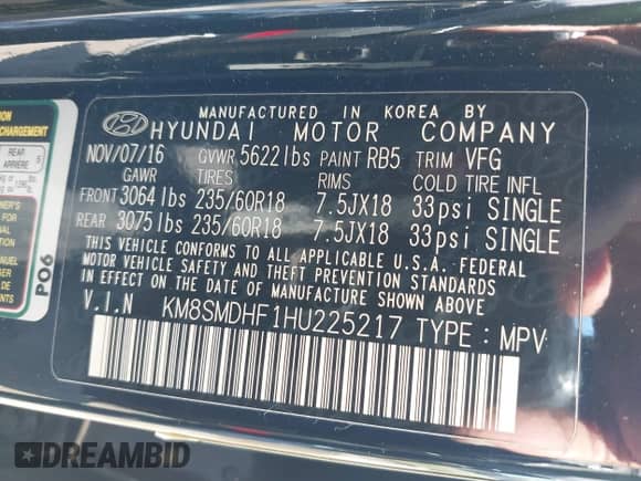 2017 Hyundai Santa Fe SE with VIN KM8SMDHF1HU225217, listed as a IAAI auction lot 43247052 with 69,051 mi miles and . Bid and sale history available at DreamBid. Image 9.