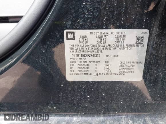 2015 GMC Sierra 1500 with VIN 1GTR1TEC8FZ344320, listed as a IAAI auction lot 41830702 with 152,096 mi miles and . Bid and sale history available at DreamBid. Image 9.