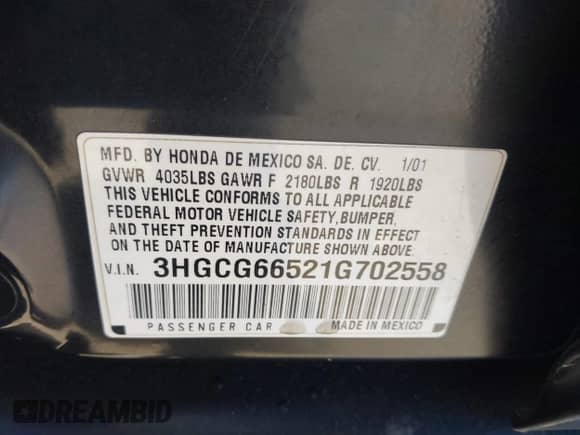 2001 Honda Accord LX with VIN 3HGCG66521G702558, listed as a IAAI auction lot 42714016 with 220,295 mi miles and . Bid and sale history available at DreamBid. Image 9.