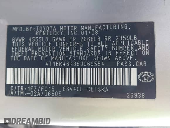 2008 Toyota Camry SE с VIN 4T1BK46K88U069554, выставлен на аукционе IAAI как лот 43531230 с пробегом 169 138 миль миль и . История ставок и продаж доступна на DreamBid. Изображение 9.