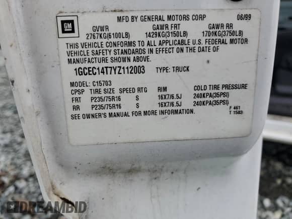 2000 Chevrolet Silverado 1500 LS with VIN 1GCEC14T7YZ112003, listed as a Copart auction lot 83573954 with Not provided miles and Salvage title. Bid and sale history available at DreamBid. Image 14.