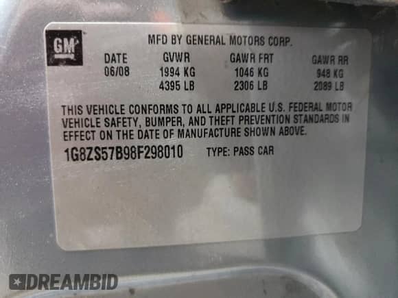 2008 Saturn Aura XE с VIN 1G8ZS57B98F298010, выставлен на аукционе Copart как лот 66289515 с пробегом 97 170 миль миль и Списание • Salvage title. История ставок и продаж доступна на DreamBid. Изображение 12.