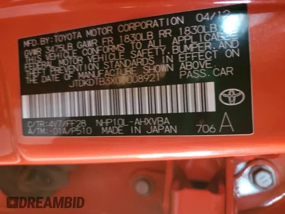 2012 Toyota Prius One z VIN JTDKDTB3XC1008921, wystawiony jako Copart lot #82726485 z przebiegiem Nie podano mil oraz Szkoda całkowita • Salvage title. Historia ofert i sprzedaży dostępna na DreamBid. Obrazek 12.