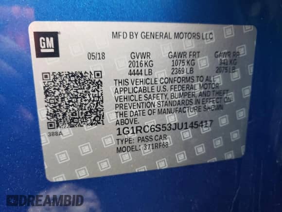 2018 Chevrolet Volt LT with VIN 1G1RC6S53JU145417, listed as a Copart auction lot 63570655 with 106,160 mi miles and Salvage title. Bid and sale history available at DreamBid. Image 12.