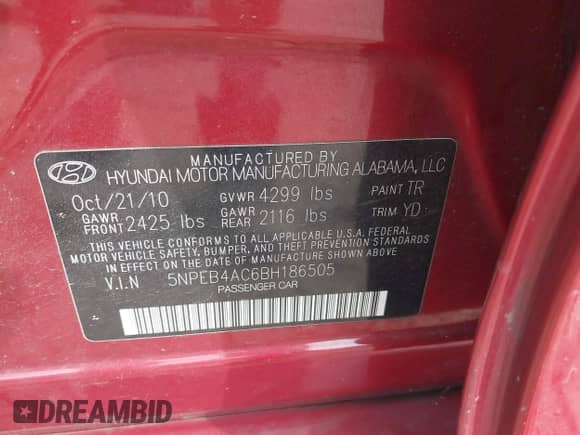 2011 Hyundai Sonata GLS z VIN 5NPEB4AC6BH186505, wystawiony jako IAAI lot #42957753 z przebiegiem 118 577 mil mil oraz . Historia ofert i sprzedaży dostępna na DreamBid. Obrazek 9.