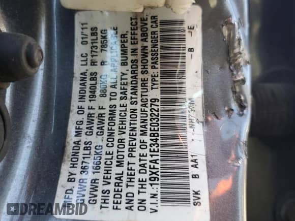 2011 Honda Civic с VIN 19XFA1E34BE032279, выставлен на аукционе Copart как лот 75029254 с пробегом Не указан миль и Списание • Salvage title. История ставок и продаж доступна на DreamBid. Изображение 12.