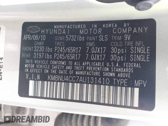 2010 Hyundai Veracruz Limited with VIN KM8NU4CC7AU131410, listed as a IAAI auction lot 42694673 with 139,956 mi miles and . Bid and sale history available at DreamBid. Image 9.