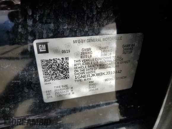 2019 Chevrolet Traverse RS с VIN 1GNERJKW3KJ310442, выставлен на аукционе Copart как лот 84848134 с пробегом 147 392 миль миль и Списание • Salvage title. История ставок и продаж доступна на DreamBid. Изображение 13.