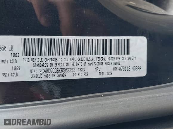 2019 Dodge Grand Caravan SXT with VIN 2C4RDGCG6KR503392, listed as a IAAI auction lot 41252498 with 80,551 mi miles and . Bid and sale history available at DreamBid. Image 9.