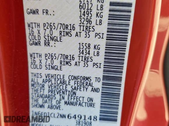 2022 Nissan Frontier S with VIN 1N6ED1CL2NN649148, listed as a Copart auction lot 67418145 with 62,593 mi miles and Salvage title. Bid and sale history available at DreamBid. Image 12.