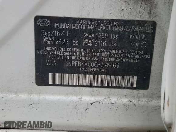 2012 Hyundai Sonata GLS with VIN 5NPEB4AC0CH376463, listed as a Copart auction lot 85912095 with 184,774 mi miles and Salvage title. Bid and sale history available at DreamBid. Image 12.