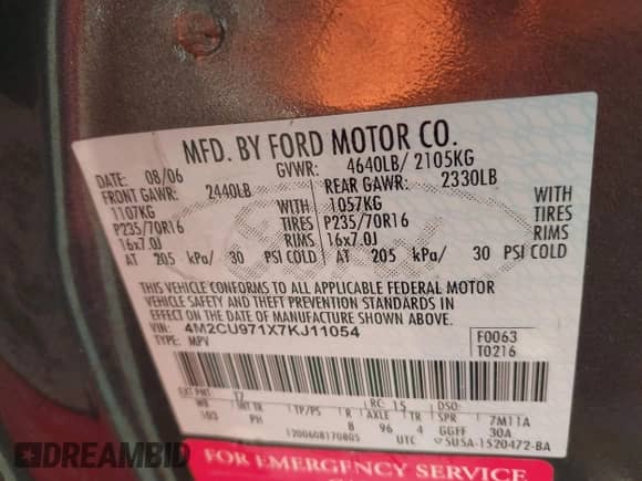 2007 Mercury Mariner Premier with VIN 4M2CU971X7KJ11054, listed as a IAAI auction lot 42813499 with 151,165 mi miles and . Bid and sale history available at DreamBid. Image 9.