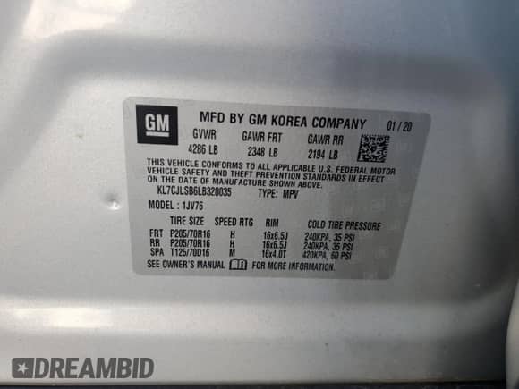 2020 Chevrolet Trax LT with VIN KL7CJLSB6LB320035, listed as a Copart auction lot 81904095 with 39,218 mi miles and Salvage title. Bid and sale history available at DreamBid. Image 13.