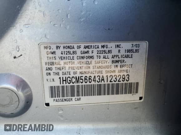 2003 Honda Accord EX with VIN 1HGCM56643A123293, listed as a Copart auction lot 81198935 with 283,638 mi miles and Salvage title. Bid and sale history available at DreamBid. Image 13.