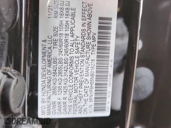 2022 Honda Pilot EX-L with VIN 5FNYF6H55NB018278, listed as a Copart auction lot 66123875 with 39,900 mi miles and Salvage title. Bid and sale history available at DreamBid. Image 12.