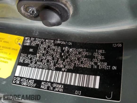 2007 Toyota Highlander Limited z VIN JTEEP21A970211983, wystawiony jako Copart lot #82190915 z przebiegiem 193 738 mil mil oraz Szkoda całkowita • Salvage title. Historia ofert i sprzedaży dostępna na DreamBid. Obrazek 13.