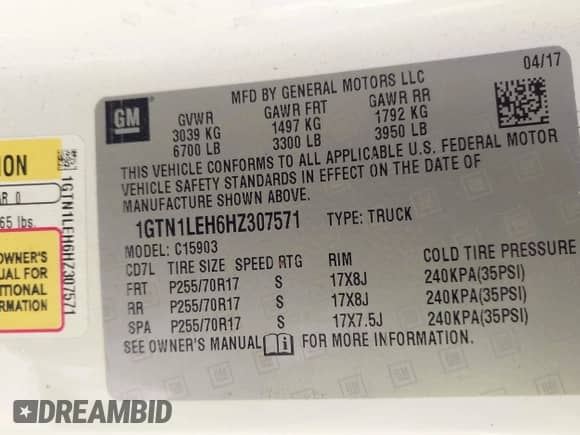 2017 GMC Sierra 1500 with VIN 1GTN1LEH6HZ307571, listed as a IAAI auction lot 42474912 with 170,981 mi miles and . Bid and sale history available at DreamBid. Image 9.