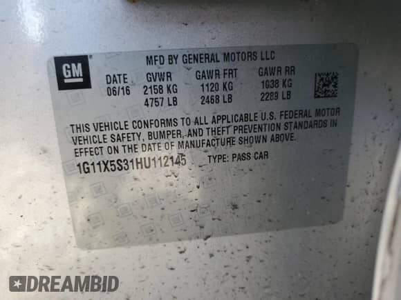 2017 Chevrolet Impala LS с VIN 1G11X5S31HU112145, выставлен на аукционе Copart как лот 50534585 с пробегом 93 677 миль миль и Списание • Salvage title. История ставок и продаж доступна на DreamBid. Изображение 14.
