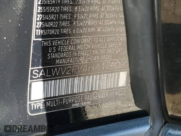 2017 Land Rover Range Rover Sport HSE Dynamic with VIN SALWV2FV4HA176090, listed as a Copart auction lot 54978145 with 137,376 mi miles and Salvage title. Bid and sale history available at DreamBid. Image 13.