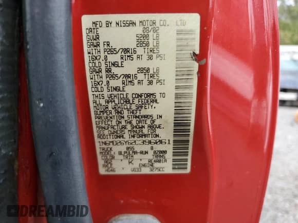 2002 Nissan Frontier SVE с VIN 1N6MD26Y62C396061, выставлен на аукционе Copart как лот 82777915 с пробегом 143 932 миль миль и Списание • Salvage title. История ставок и продаж доступна на DreamBid. Изображение 12.