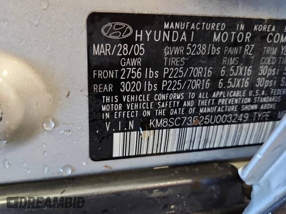 2005 Hyundai Santa Fe GLS z VIN KM8SC73E25U003249, wystawiony jako Copart lot #80127675 z przebiegiem 51 534 mil mil oraz Nie do naprawy • Non repairable. Historia ofert i sprzedaży dostępna na DreamBid. Obrazek 13.