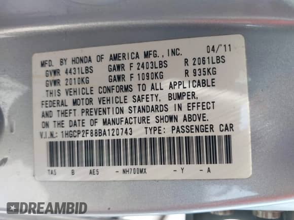 2011 Honda Accord EX-L with VIN 1HGCP2F88BA120743, listed as a IAAI auction lot 43021867 with 265,665 mi miles and . Bid and sale history available at DreamBid. Image 9.