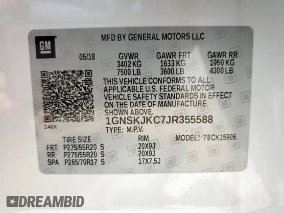 2018 Chevrolet Suburban Premier с VIN 1GNSKJKC7JR355588, выставлен на аукционе Copart как лот 68541705 с пробегом 79 666 миль миль и Чистый • Clean title. История ставок и продаж доступна на DreamBid. Изображение 14.