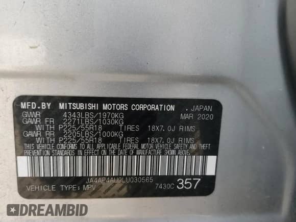 2020 Mitsubishi Outlander SE z VIN JA4AP4AU9LU030565, wystawiony jako Copart lot #80143545 z przebiegiem 84 002 mil mil oraz Nie do naprawy • Non repairable. Historia ofert i sprzedaży dostępna na DreamBid. Obrazek 13.