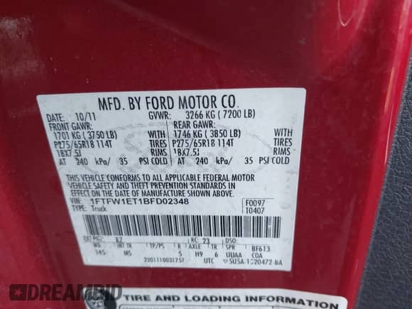 2011 Ford F-150 XLT z VIN 1FTFW1ET1BFD02348, wystawiony jako IAAI lot #43455638 z przebiegiem 249 229 mil mil oraz . Historia ofert i sprzedaży dostępna na DreamBid. Obrazek 9.