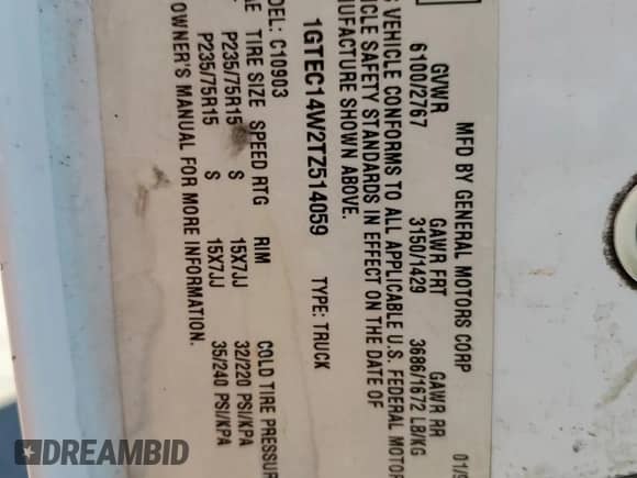 1996 GMC Sierra 1500 с VIN 1GTEC14W2TZ514059, выставлен на аукционе Copart как лот 57124765 с пробегом 179 718 миль миль и Списание • Salvage title. История ставок и продаж доступна на DreamBid. Изображение 12.