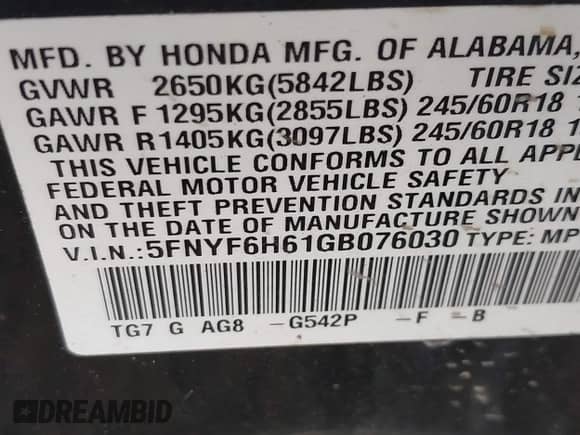 2016 Honda Pilot EX-L z VIN 5FNYF6H61GB076030, wystawiony jako IAAI lot #42669327 z przebiegiem 75 929 mil mil oraz . Historia ofert i sprzedaży dostępna na DreamBid. Obrazek 9.